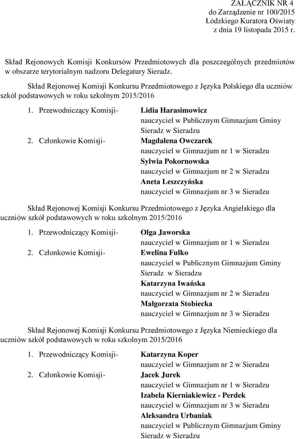 Skład Rejonowej Komisji Konkursu Przedmiotowego z Języka Polskiego dla uczniów szkól podstawowych w roku szkolnym 2015/2016 1.
