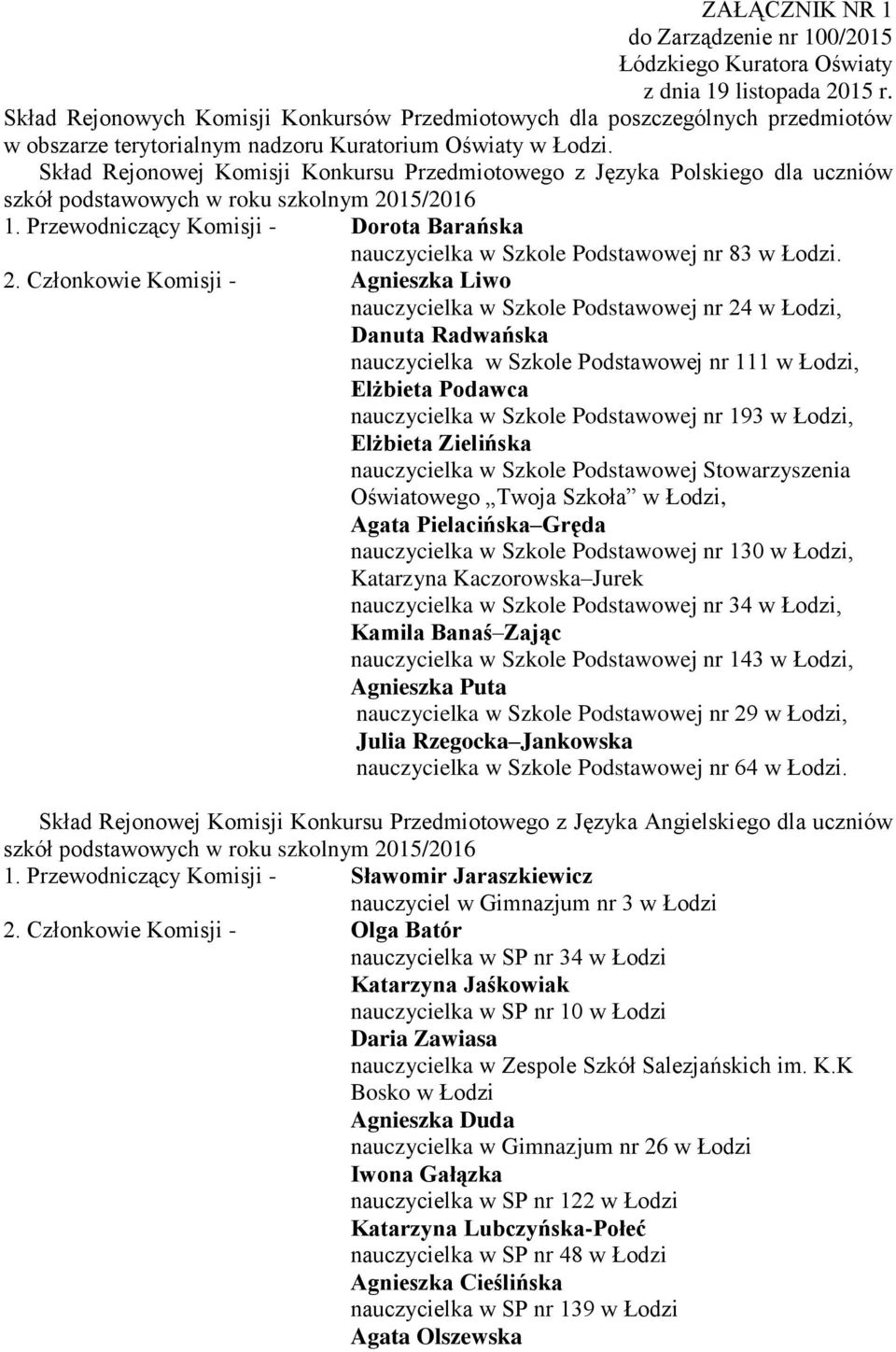 Skład Rejonowej Komisji Konkursu Przedmiotowego z Języka Polskiego dla uczniów 1. Przewodniczący Komisji - Dorota Barańska nauczycielka w Szkole Podstawowej nr 83 w Łodzi. 2.