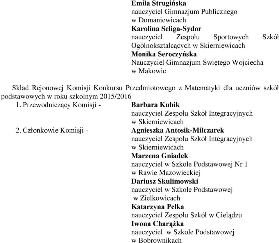 Przewodniczący Komisji - Barbara Kubik nauczyciel Zespołu Szkół Integracyjnych 2.