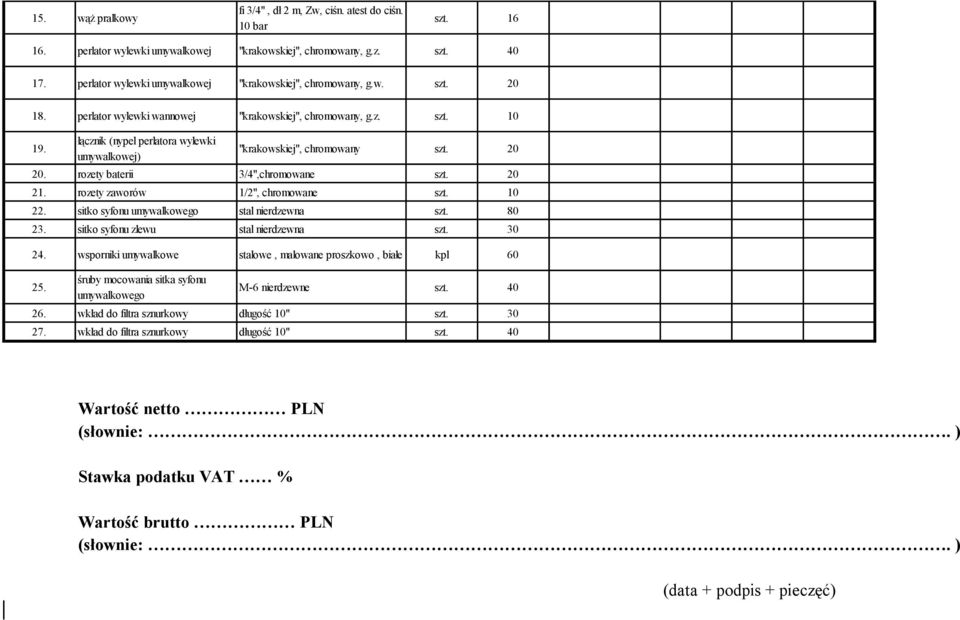 łącznik (nypel perlatora wylewki umywalkowej) "krakowskiej", chromowany szt. 20 20. rozety baterii 3/4",chromowane szt. 20 21. rozety zaworów 1/2", chromowane szt. 10 22.