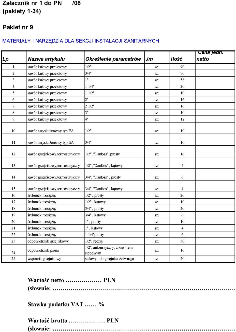 zawór kulowy przelotowy 2 1/2" szt. 16 8. zawór kulowy przelotowy 3" szt. 10 9. zawór kulowy przelotowy 4" szt. 12 Cena jedn. netto 10. zawór antyskażeniowy typ EA 1/2" szt. 10 11.