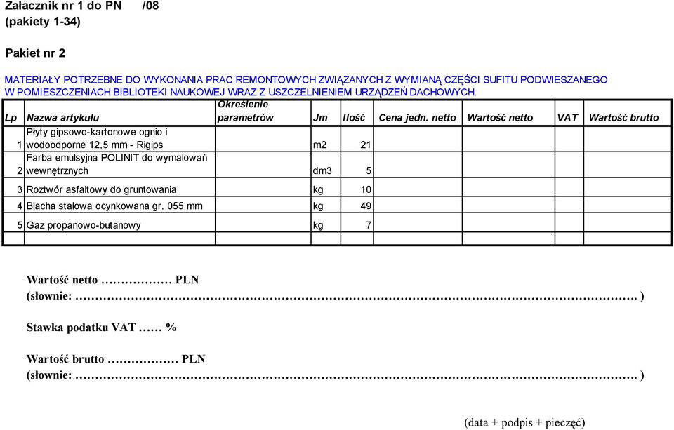 netto netto VAT brutto Płyty gipsowo-kartonowe ognio i 1 wodoodporne 12,5 mm - Rigips m2 21 Farba emulsyjna POLINIT do wymalowań 2 wewnętrznych dm3 5 3Roztwór