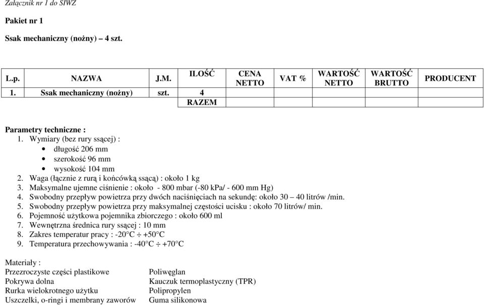 Maksymalne ujemne ciśnienie : około - 800 mbar (-80 kpa/ - 600 mm Hg) 4. Swobodny przepływ powietrza przy dwóch naciśnięciach na sekundę: około 30 40 litrów /min. 5.