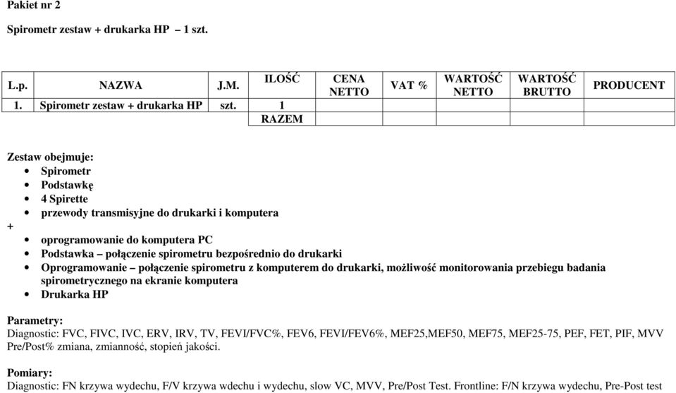drukarki Oprogramowanie połączenie spirometru z komputerem do drukarki, moŝliwość monitorowania przebiegu badania spirometrycznego na ekranie komputera Drukarka HP Diagnostic: FVC,