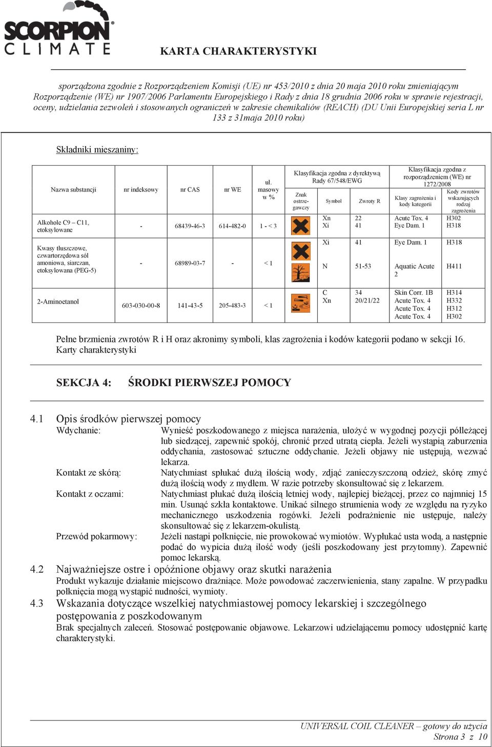 dzeniem (WE) nr 1272/2008 Klasy zagro enia i kody kategorii Acute Tox. 4 Eye Dam. 1 Eye Dam.