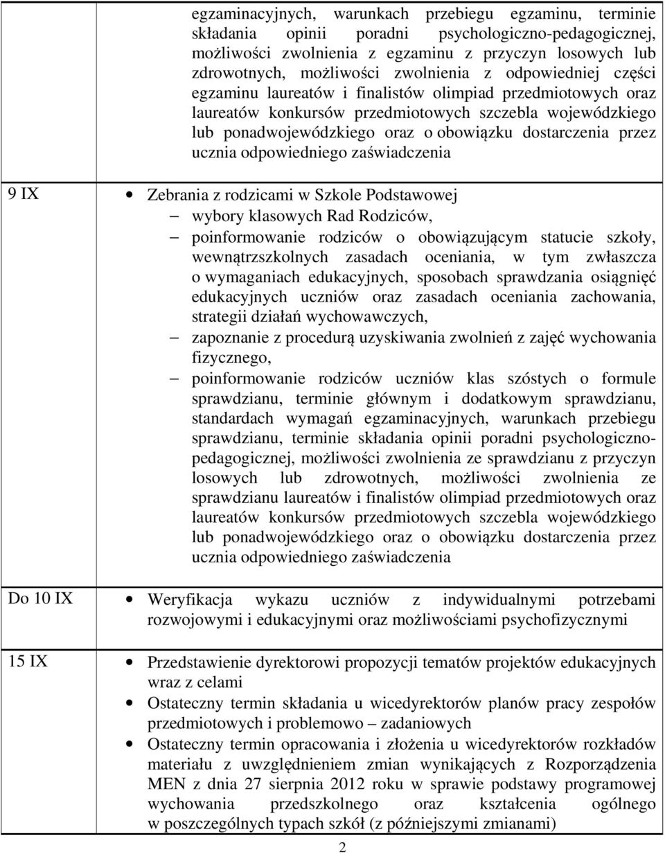 dostarczenia przez ucznia odpowiedniego zaświadczenia 9 IX Zebrania z rodzicami w Szkole Podstawowej wybory klasowych Rad Rodziców, poinformowanie rodziców o obowiązującym statucie szkoły,