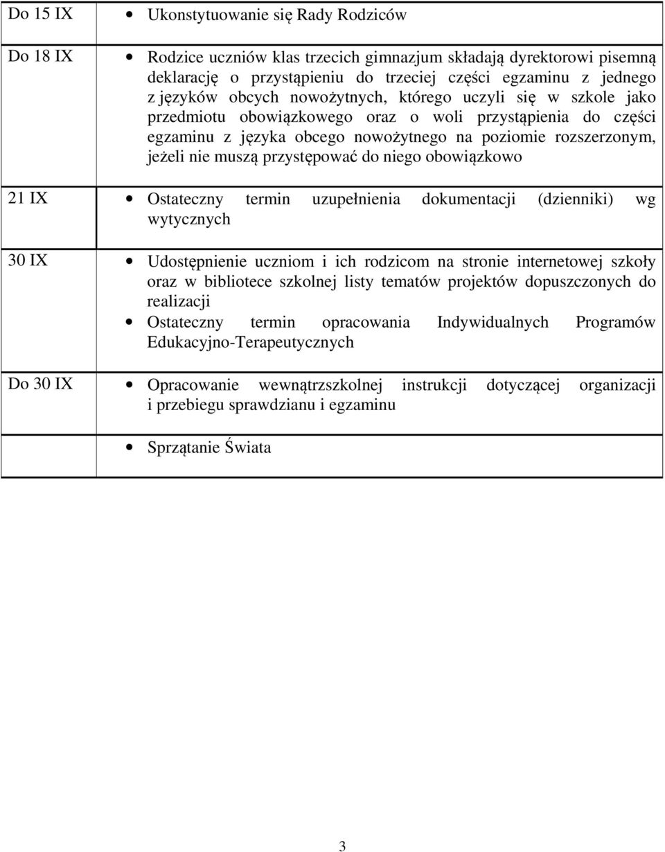 przystępować do niego obowiązkowo 21 IX Ostateczny termin uzupełnienia dokumentacji (dzienniki) wg wytycznych 30 IX Udostępnienie uczniom i ich rodzicom na stronie internetowej szkoły oraz w