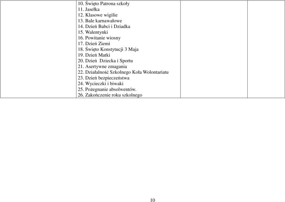 Święto Konstytucji 3 Maja 19. Dzień Matki 20. Dzień Dziecka i Sportu 21. Asertywne zmagania 22.