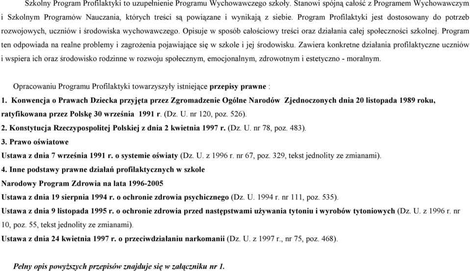 Program Profilaktyki jest dostosowany do potrzeb rozwojowych, uczniów i środowiska wychowawczego. Opisuje w sposób całościowy treści oraz działania całej społeczności szkolnej.