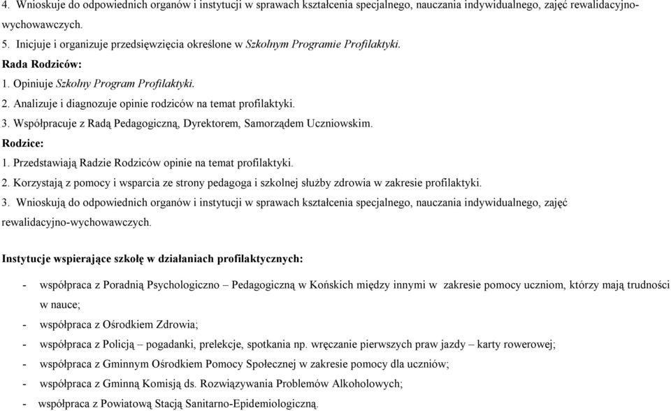 Analizuje i diagnozuje opinie rodziców na temat profilaktyki. 3. Współpracuje z Radą Pedagogiczną, Dyrektorem, Samorządem Uczniowskim. Rodzice: 1.