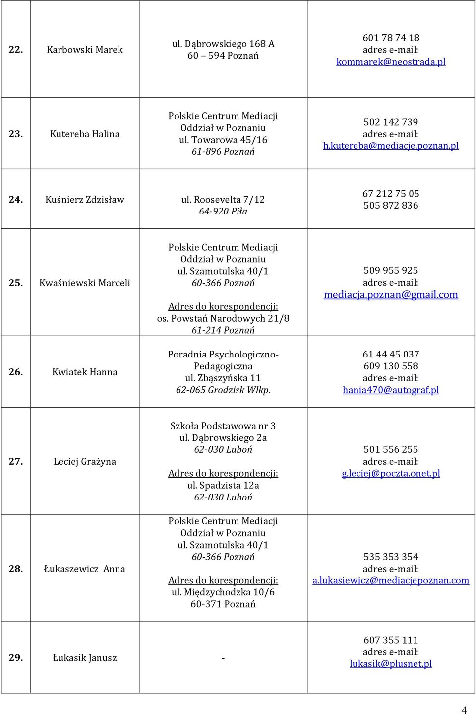 Kwiatek Hanna Polskie Centrum Mediacji Oddział w Poznaniu ul. Szamotulska 40/1 60-366 Poznań os. Powstań Narodowych 21/8 61-214 Poznań Poradnia Psychologiczno- Pedagogiczna ul.
