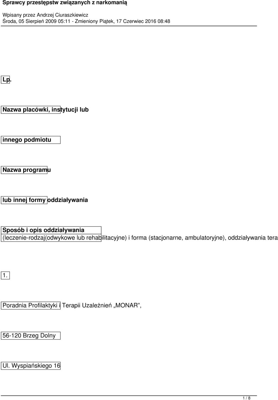 rehabilitacyjne) i forma (stacjonarne, ambulatoryjne), oddziaływania terap 1.