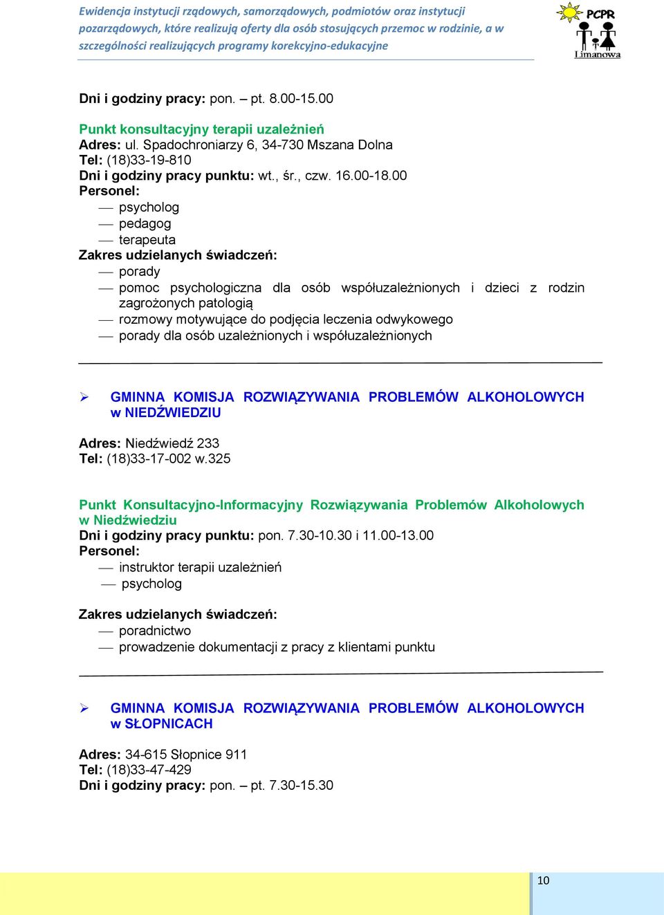 00 Personel: psycholog pedagog terapeuta Zakres udzielanych świadczeń: porady pomoc psychologiczna dla osób współuzależnionych i dzieci z rodzin zagrożonych patologią rozmowy motywujące do podjęcia