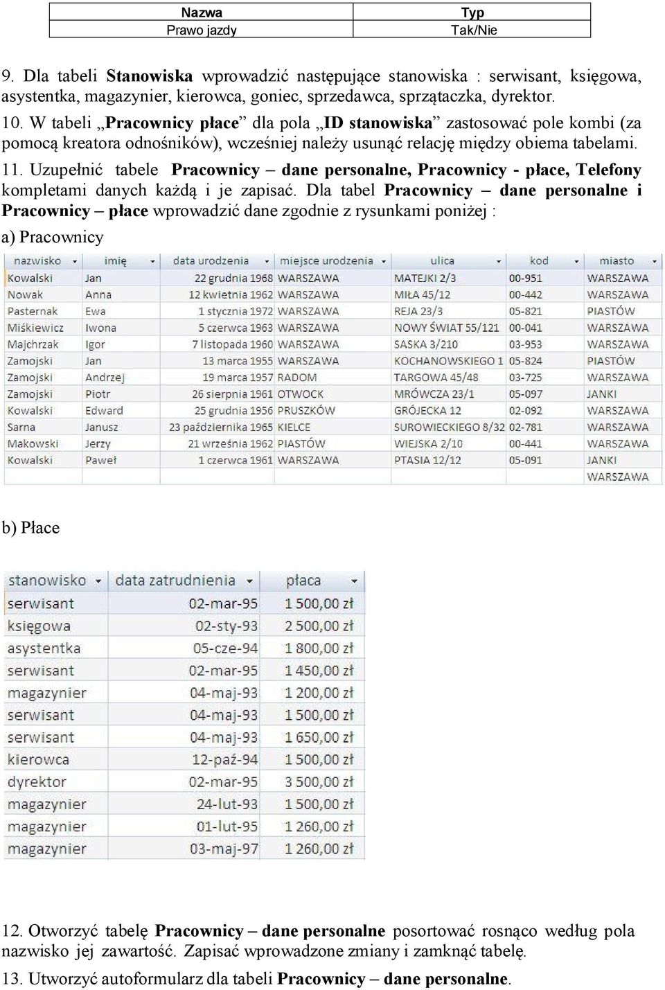 Uzupełnić tabele Pracownicy dane personalne, Pracownicy - płace, Telefony kompletami danych każdą i je zapisać.