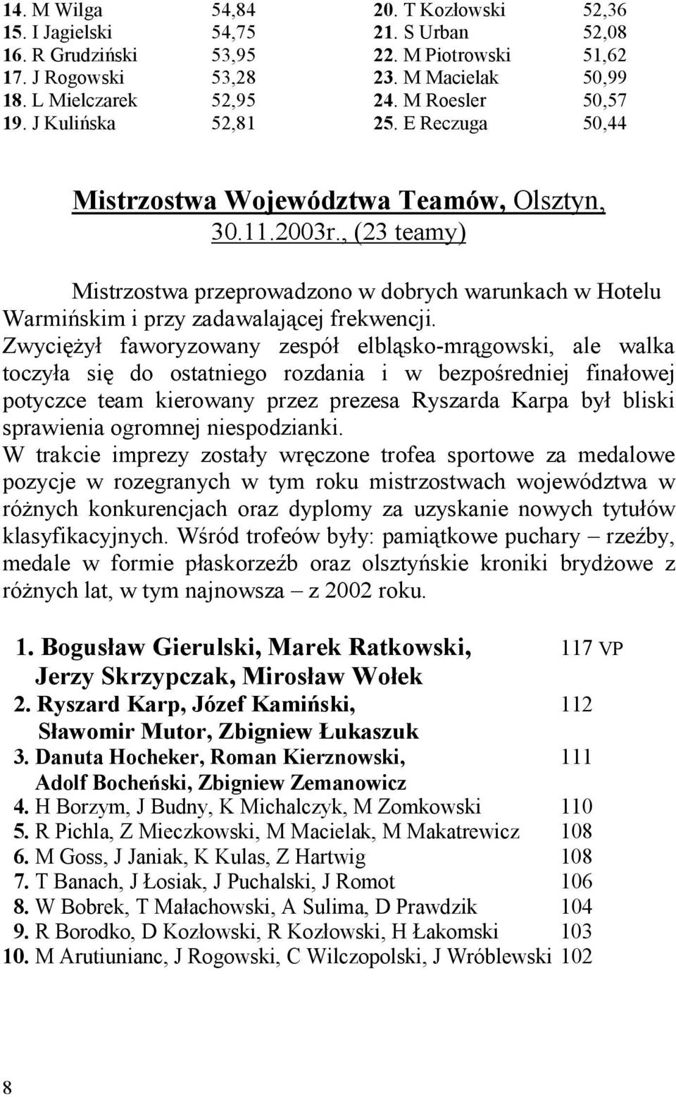 , (23 teamy) Mistrzostwa przeprowadzono w dobrych warunkach w Hotelu Warmińskim i przy zadawalającej frekwencji.