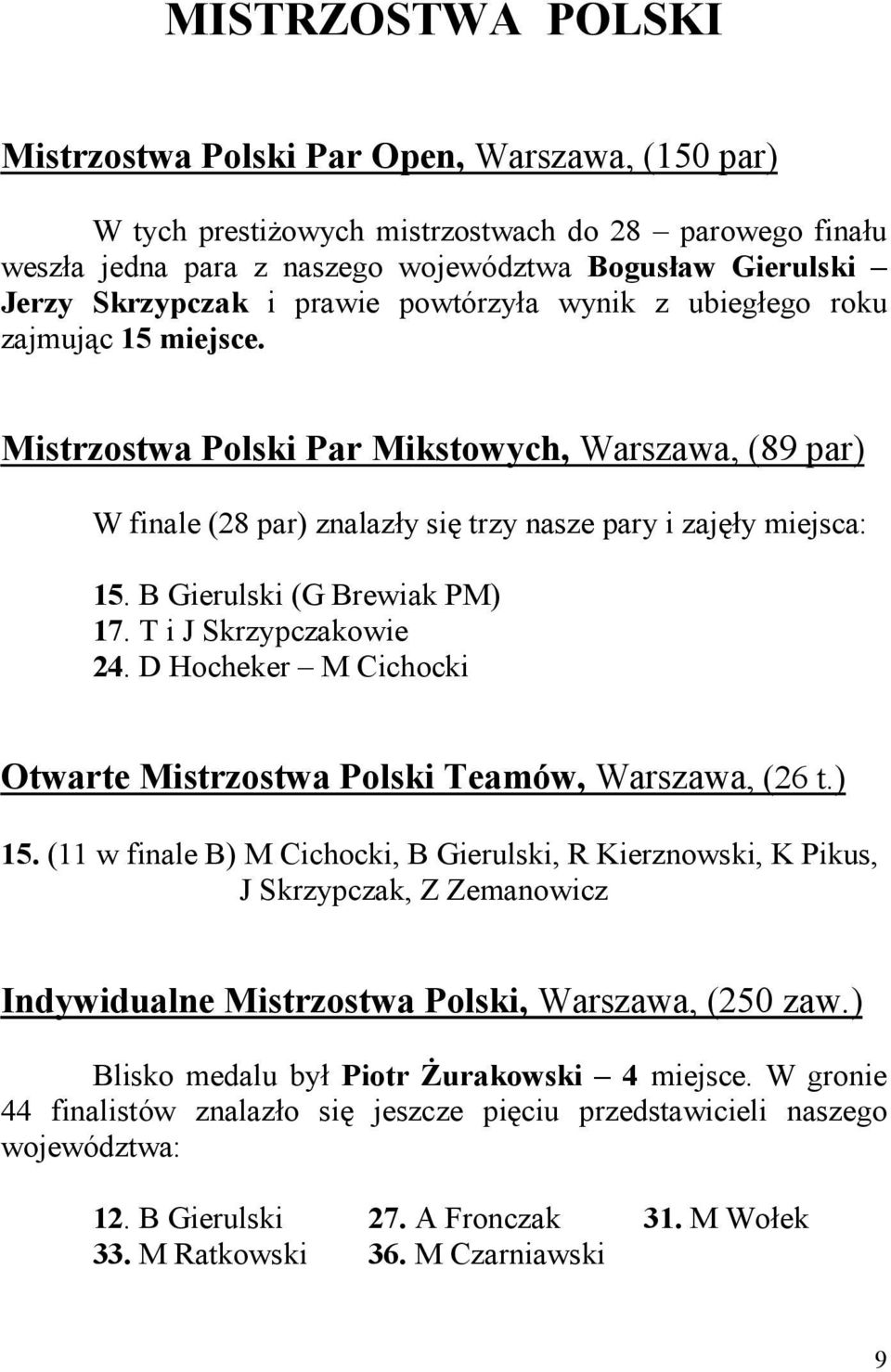 B Gierulski (G Brewiak PM) 17. T i J Skrzypczakowie 24. D Hocheker M Cichocki Otwarte Mistrzostwa Polski Teamów, Warszawa, (26 t.) 15.
