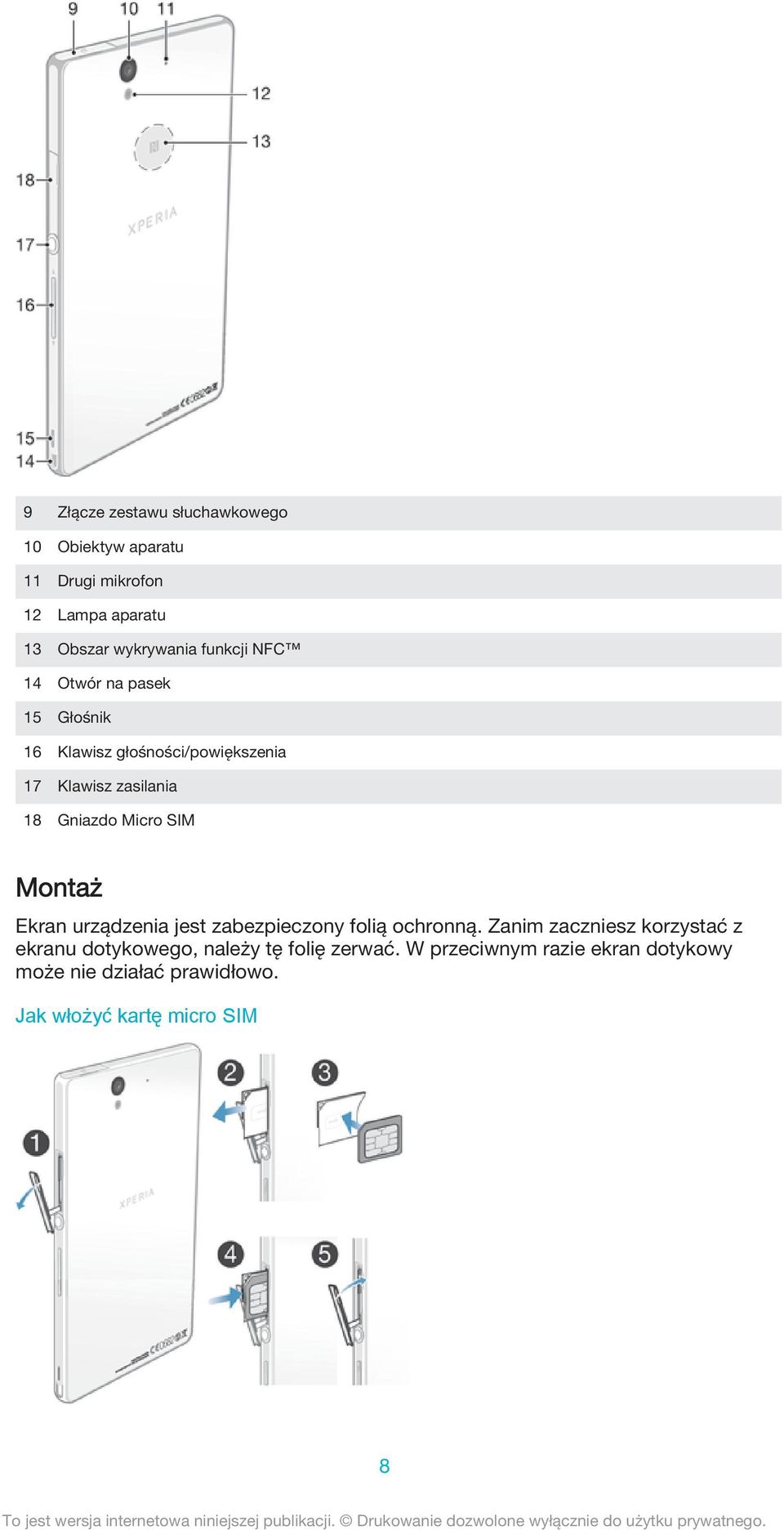 Micro SIM Montaż Ekran urządzenia jest zabezpieczony folią ochronną.