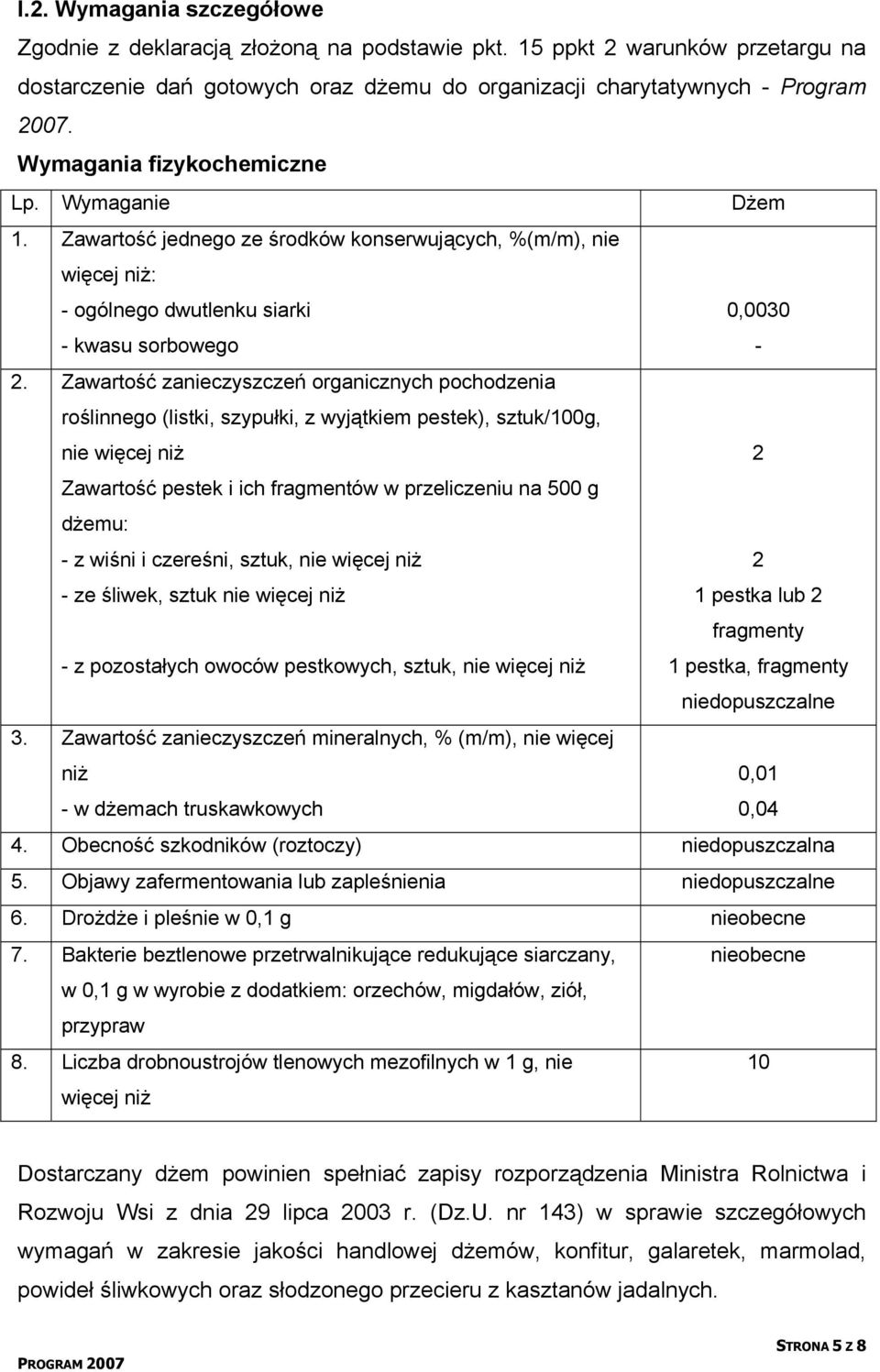 Zawartość zanieczyszczeń organicznych pochodzenia roślinnego (listki, szypułki, z wyjątkiem pestek), sztuk/100g, nie więcej niż Zawartość pestek i ich fragmentów w przeliczeniu na 500 g dżemu: - z