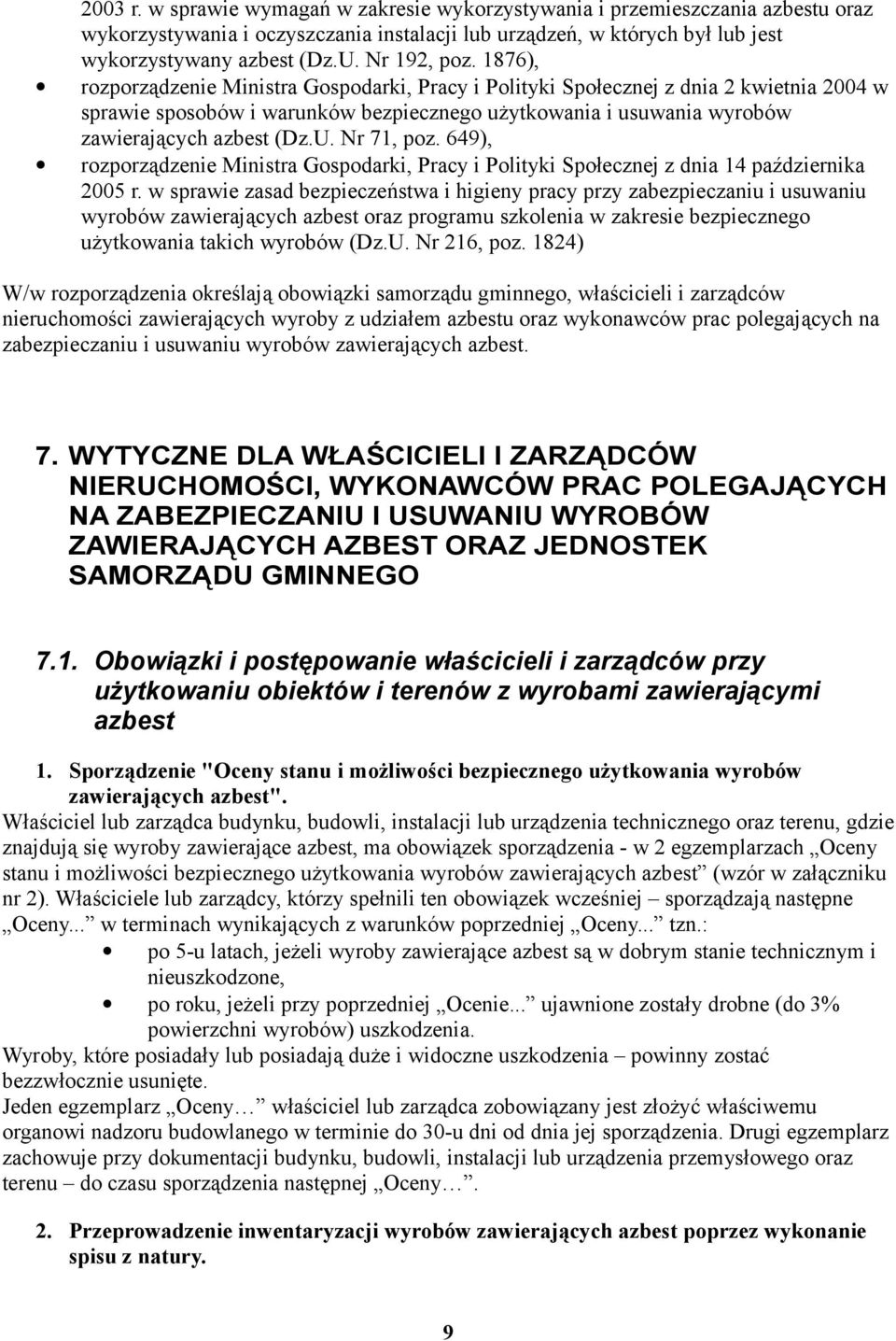 1876), rozporządzenie Ministra Gospodarki, Pracy i Polityki Społecznej z dnia 2 kwietnia 2004 w sprawie sposobów i warunków bezpiecznego użytkowania i usuwania wyrobów zawierających azbest (Dz.U.