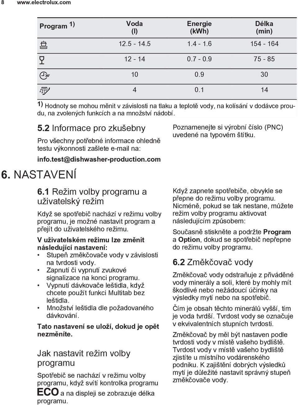2 Informace pro zkušebny Pro všechny potřebné informace ohledně testu výkonnosti zašlete e-mail na: info.test@dishwasher-production.com 6. NASTAVENÍ 6.