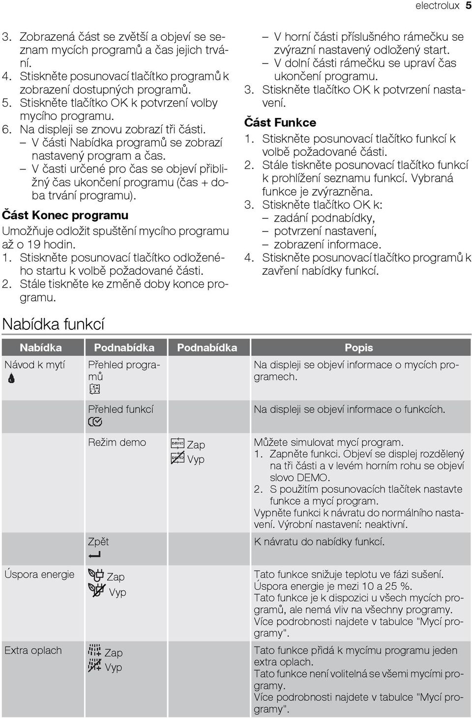 V časti určené pro čas se objeví přibližný čas ukončení programu (čas + doba trvání programu). Část Konec programu Umožňuje odložit spuštění mycího programu až o 19