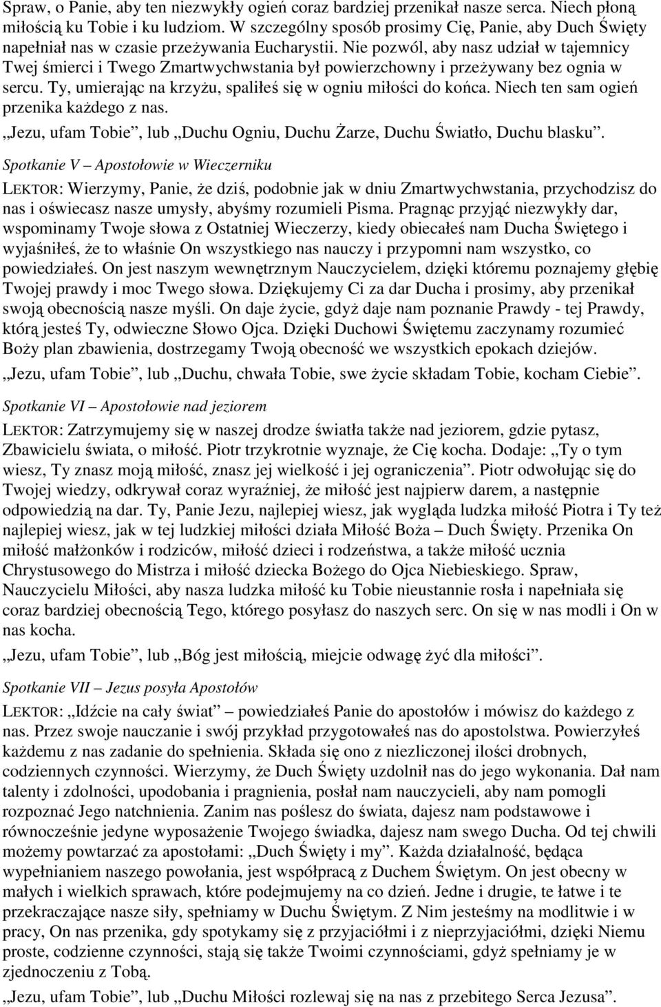 Nie pozwól, aby nasz udział w tajemnicy Twej śmierci i Twego Zmartwychwstania był powierzchowny i przeŝywany bez ognia w sercu. Ty, umierając na krzyŝu, spaliłeś się w ogniu miłości do końca.