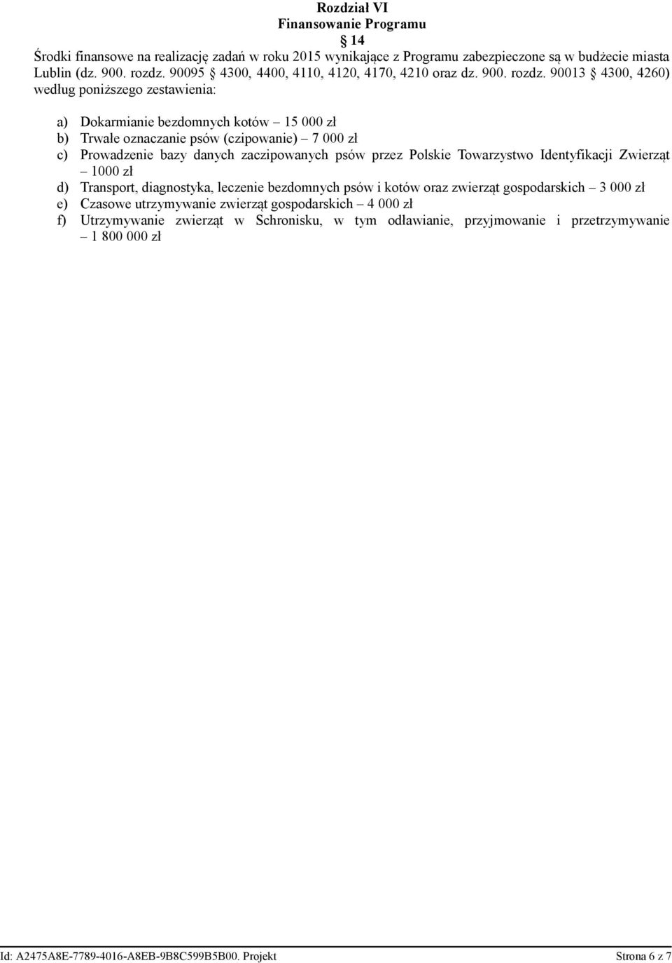 90013 4300, 4260) według poniższego zestawienia: a) Dokarmianie bezdomnych kotów 15 000 zł b) Trwałe oznaczanie psów (czipowanie) 7 000 zł c) Prowadzenie bazy danych zaczipowanych psów przez