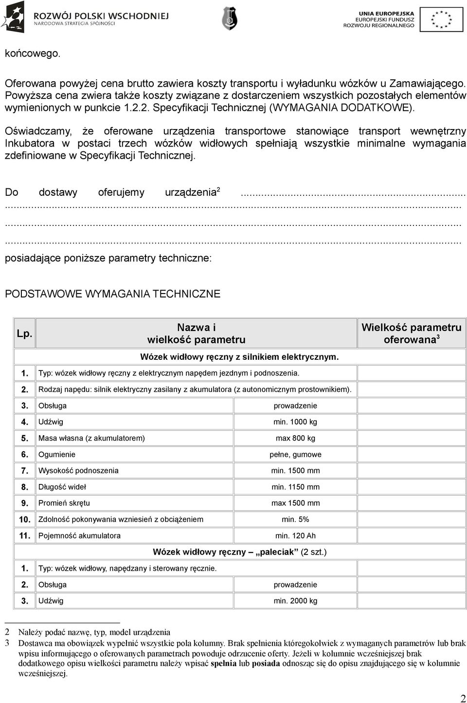 Oświadczamy, że oferowane urządzenia transportowe stanowiące transport wewnętrzny Inkubatora w postaci trzech wózków widłowych spełniają wszystkie minimalne wymagania zdefiniowane w Specyfikacji