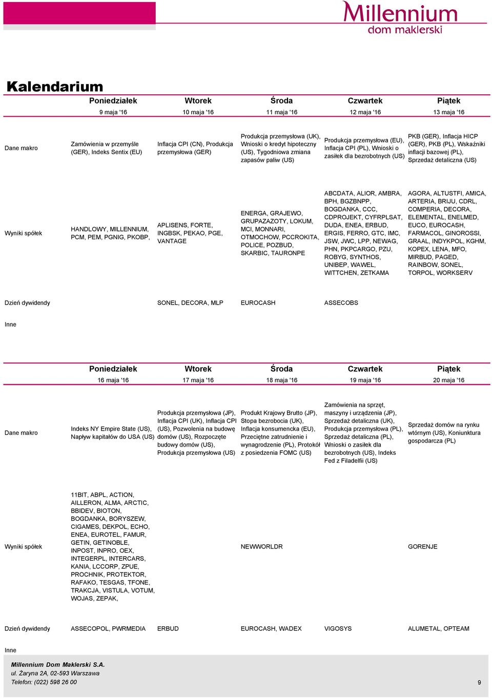 bezrobotnych (US) PKB (GER), Inflacja HICP (GER), PKB (PL), Wskaźniki inflacji bazowej (PL), Sprzedaż detaliczna (US) Wyniki spçłek HANDLOWY, MILLENNIUM, PCM, PEM, PGNIG, PKOBP, APLISENS, FORTE,