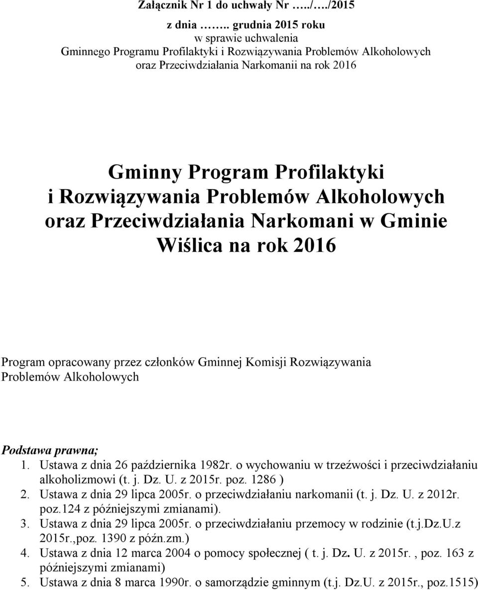 Problemów Alkoholowych oraz Przeciwdziałania Narkomani w Gminie Wiślica na rok 2016 Program opracowany przez członków Gminnej Komisji Rozwiązywania Problemów Alkoholowych Podstawa prawna; 1.
