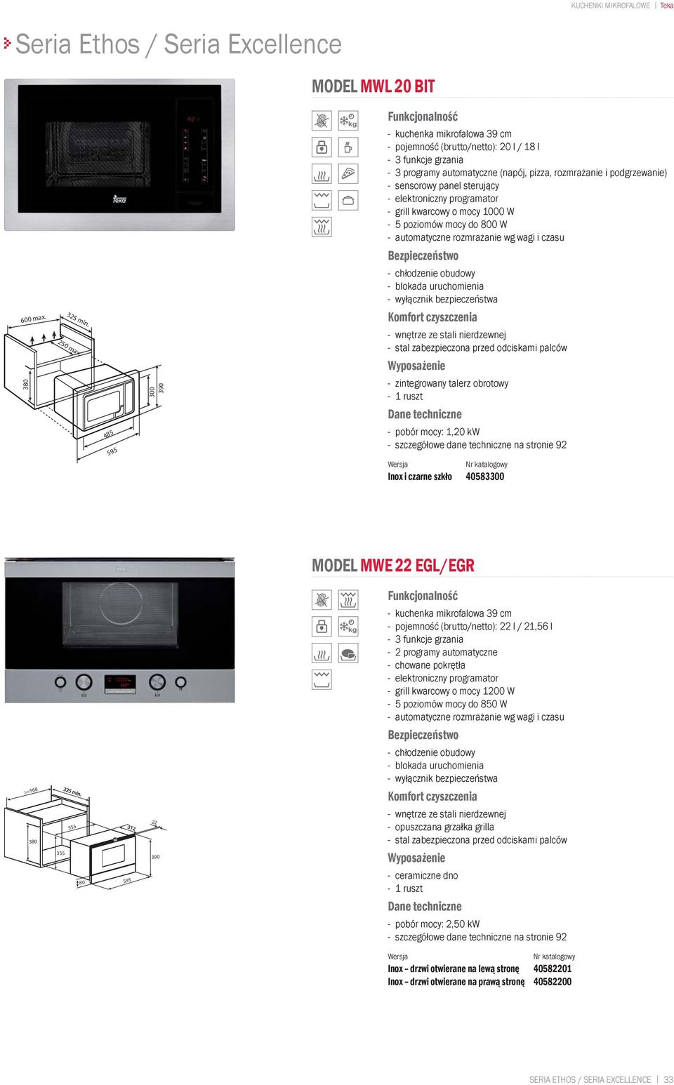 mocy do 800 W - automatyczne rozmrażanie wg wagi i czasu - blokada uruchomienia - zintegrowany talerz obrotowy - 1 ruszt - pobór mocy: 1,20 kw Inox i czarne szkło 40583300 MODEL MWE 22 EGL/EGR >=568