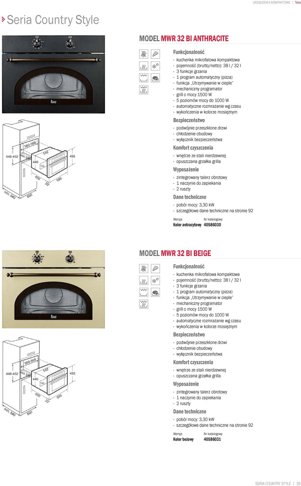 zintegrowany talerz obrotowy - 1 naczynie do zapiekania - 2 ruszty - pobór mocy: 3,30 kw Kolor antracytowy 40586030 MODEL MWR 32 BI BEIGE - kuchenka mikrofalowa kompaktowa - pojemność (brutto/netto):