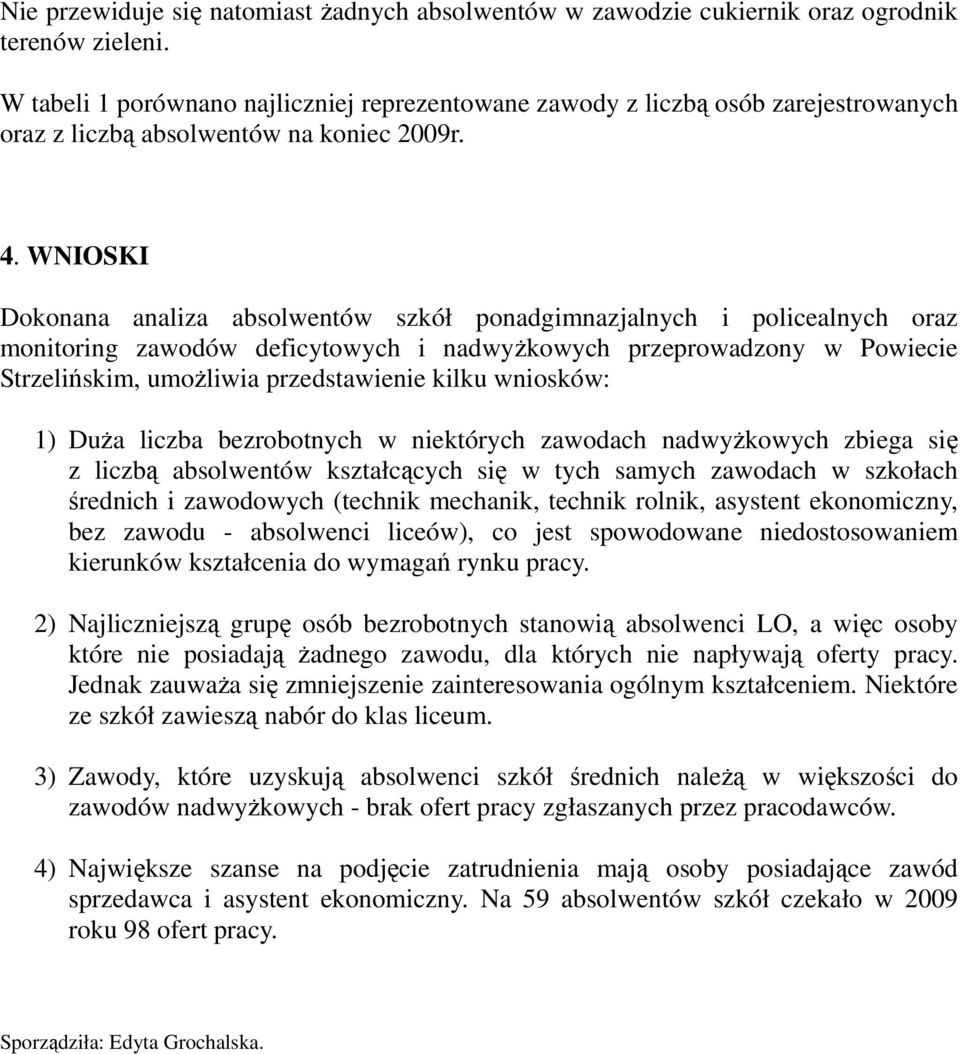 WNIOSKI Dokonana analiza absolwentów szkół ponadgimnazjalnych i policealnych oraz monitoring zawodów deficytowych i nadwyżkowych przeprowadzony w Powiecie Strzelińskim, umożliwia przedstawienie kilku