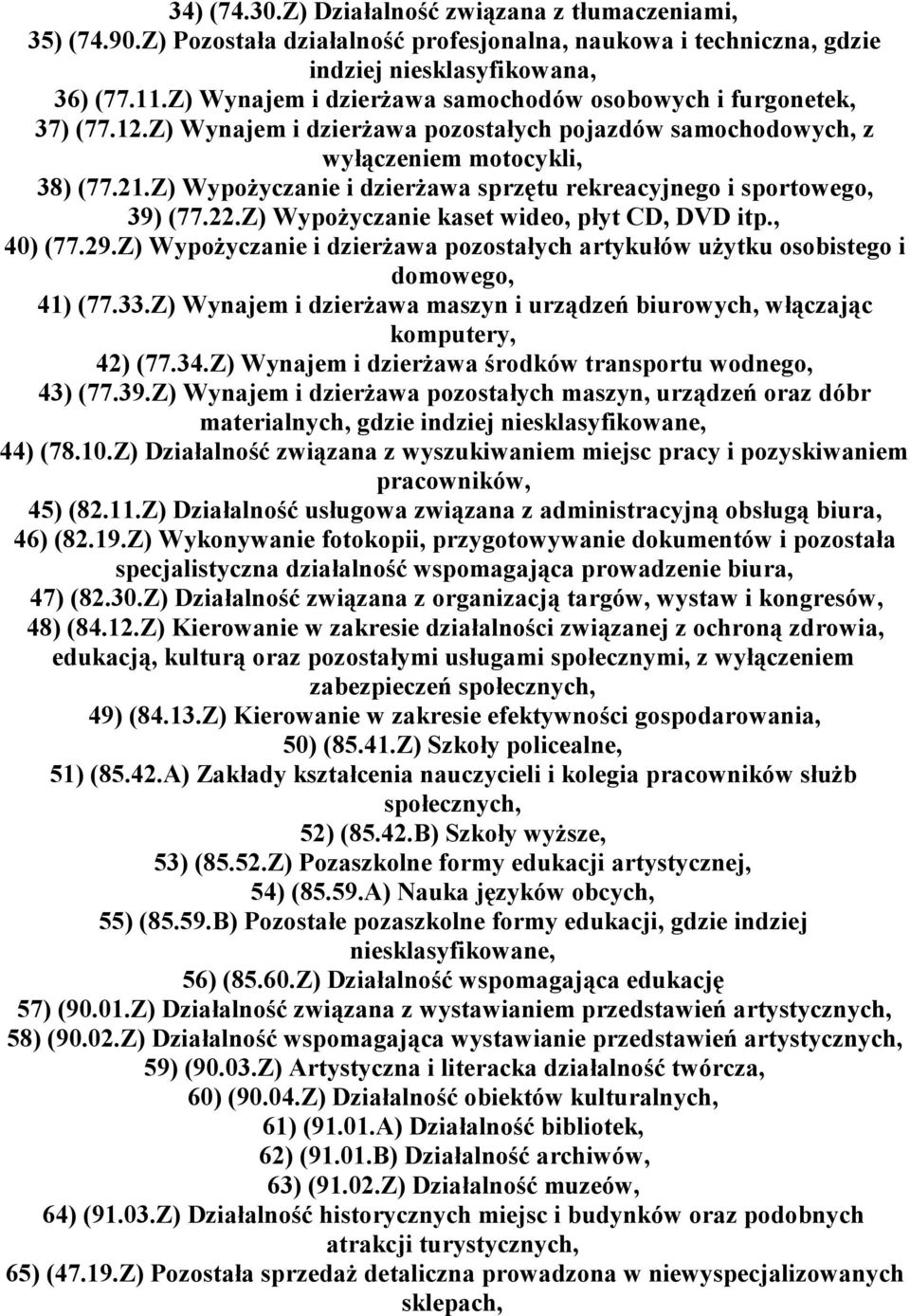 Z) Wypożyczanie i dzierżawa sprzętu rekreacyjnego i sportowego, 39) (77.22.Z) Wypożyczanie kaset wideo, płyt CD, DVD itp., 40) (77.29.