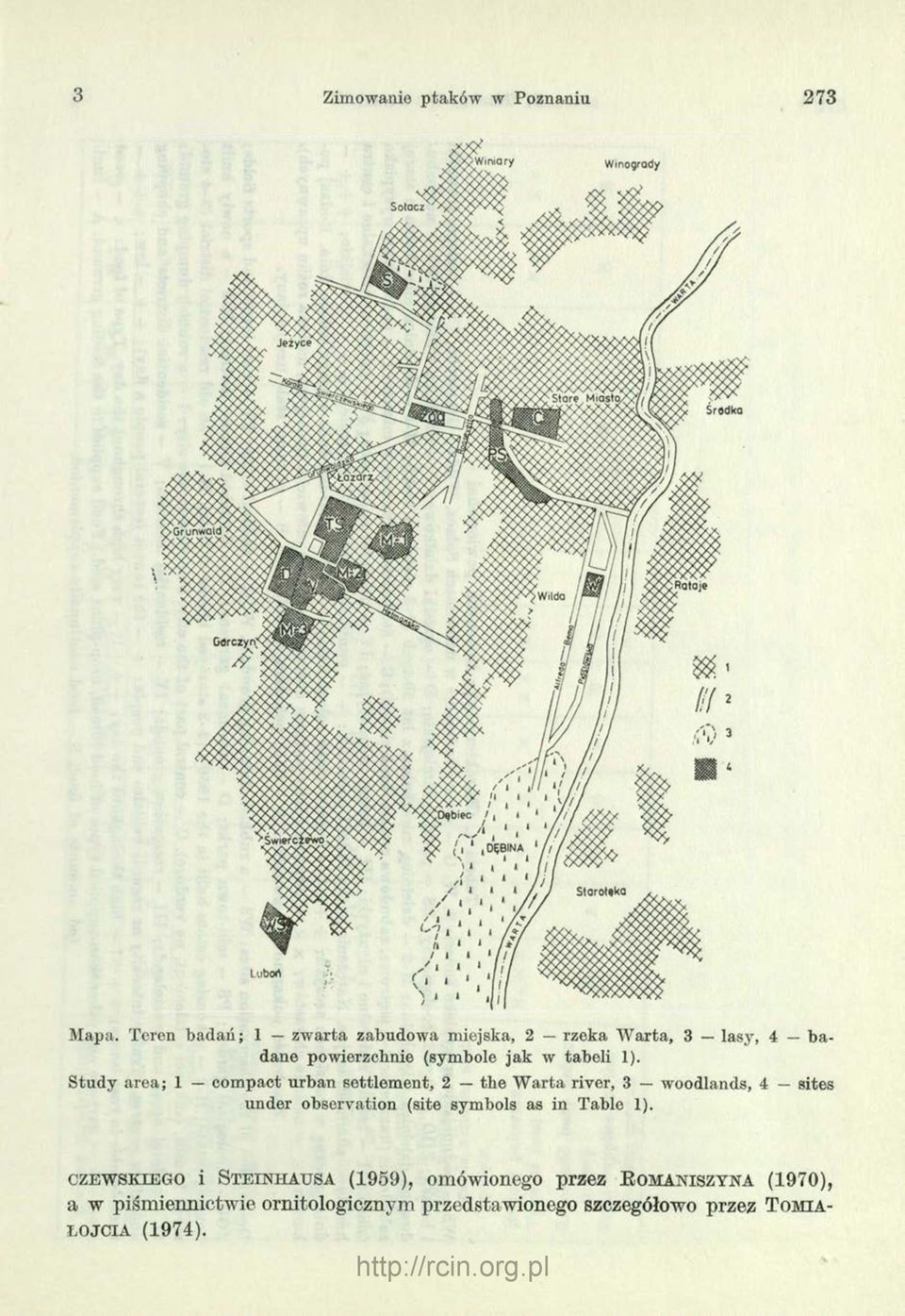 Study area; 1 compact urban settlement, 2 the Warta river, 3 woodlands, 4 sites under observation (site symbols as in Table 1).