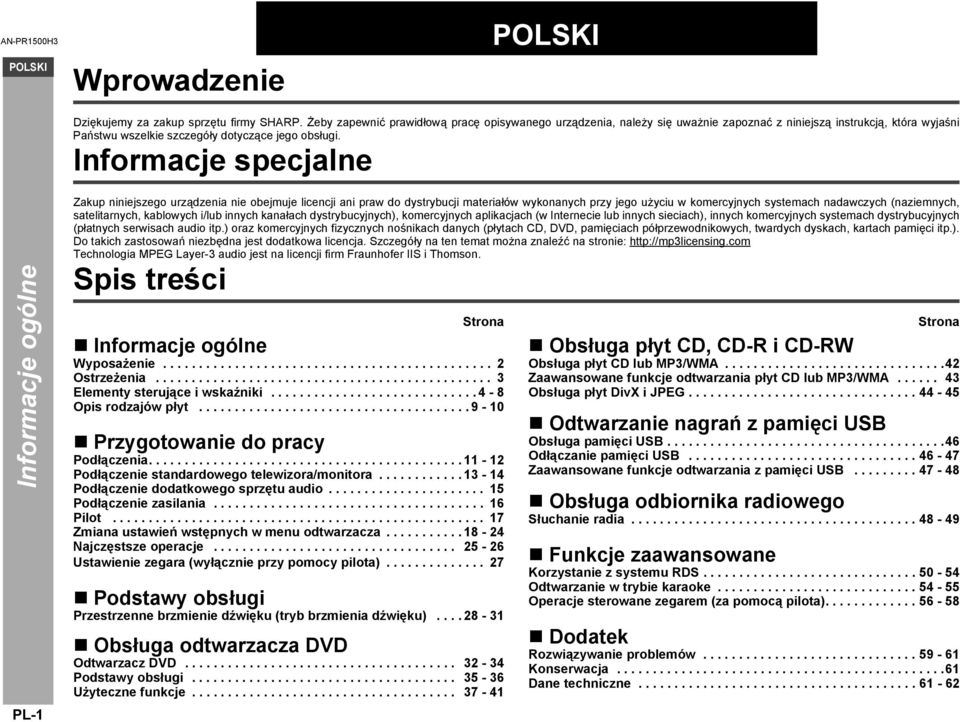 Informacje specjalne Informacje ogólne PL-1 Zakup niniejszego urządzenia nie obejmuje licencji ani praw do dystrybucji materiałów wykonanych przy jego użyciu w komercyjnych systemach nadawczych