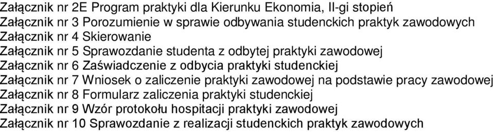 praktyki studenckiej Załącznik nr 7 Wniosek o zaliczenie praktyki zawodowej na podstawie pracy zawodowej Załącznik nr 8 Formularz zaliczenia