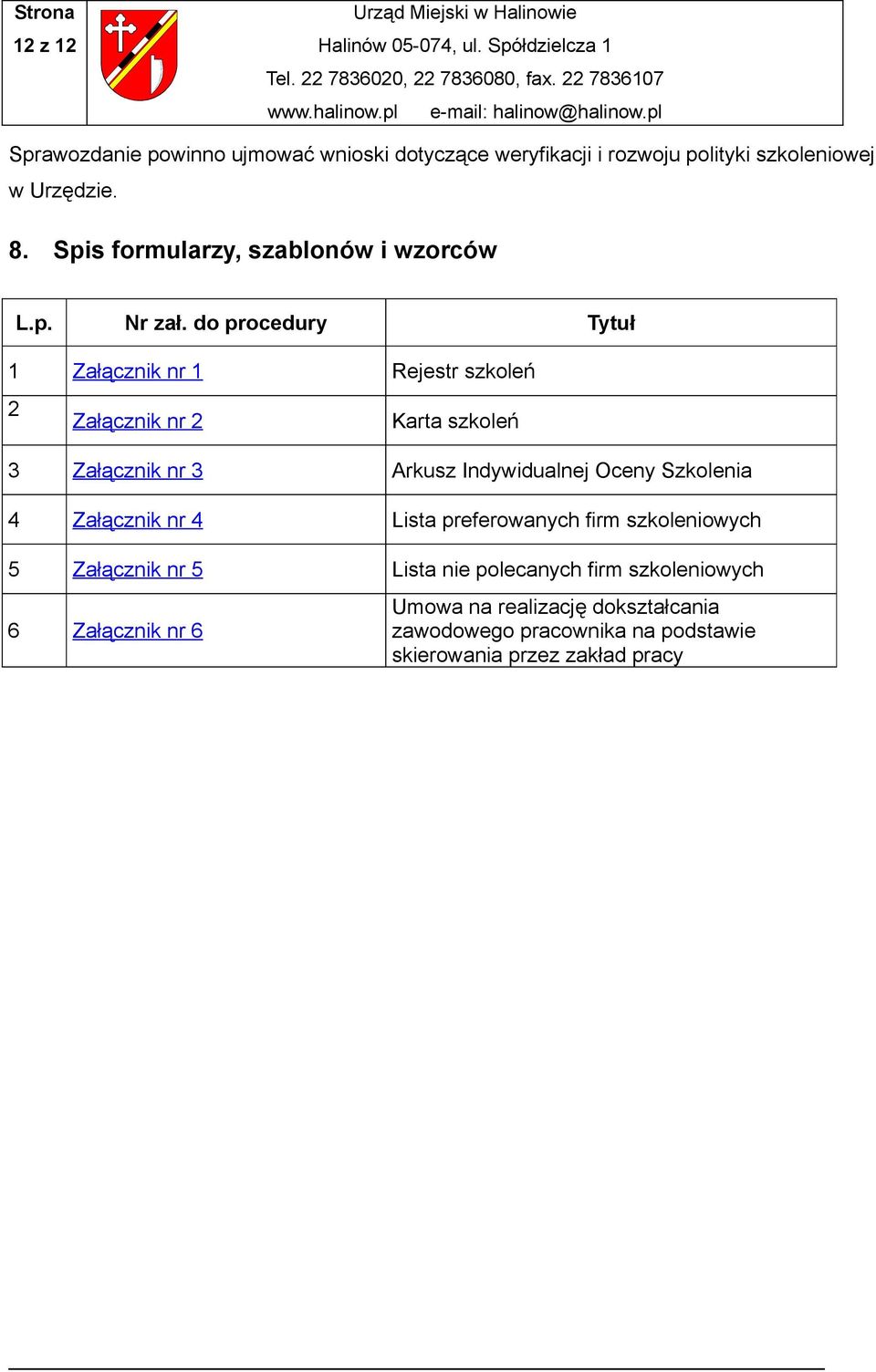 do procedury Tytuł 1 Załącznik nr 1 Rejestr szkoleń 2 Załącznik nr 2 Karta szkoleń 3 Załącznik nr 3 Arkusz Indywidualnej Oceny