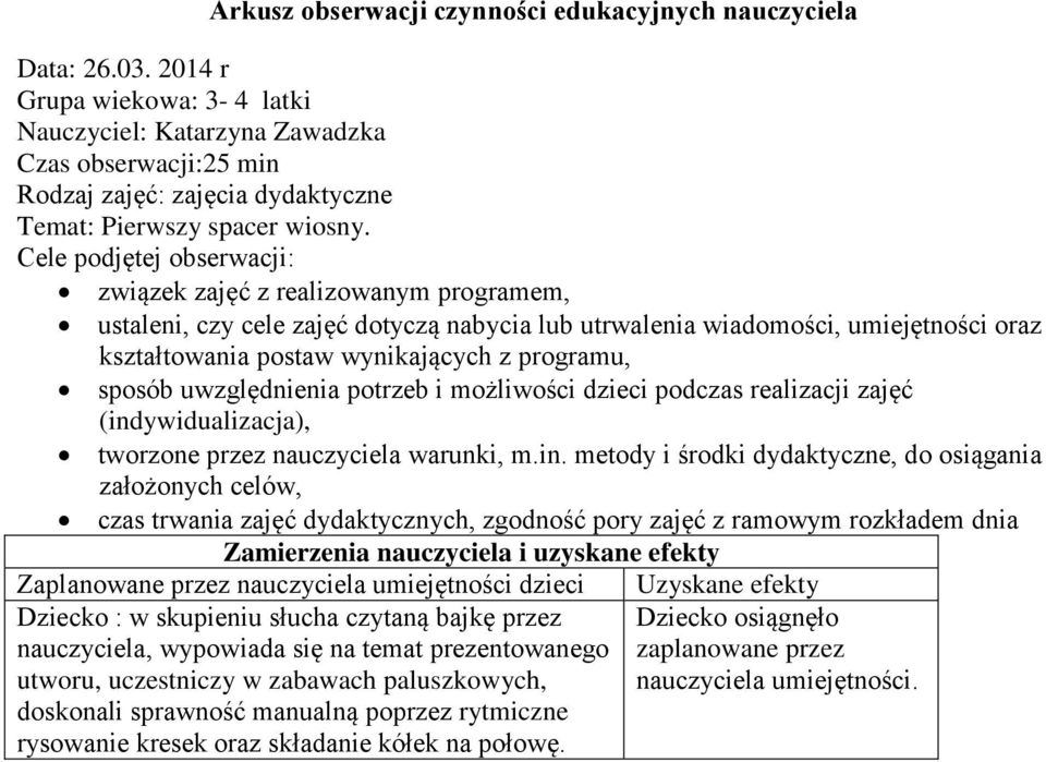 Cele podjętej obserwacji: związek zajęć z realizowanym programem, ustaleni, czy cele zajęć dotyczą nabycia lub utrwalenia wiadomości, umiejętności oraz kształtowania postaw wynikających z programu,