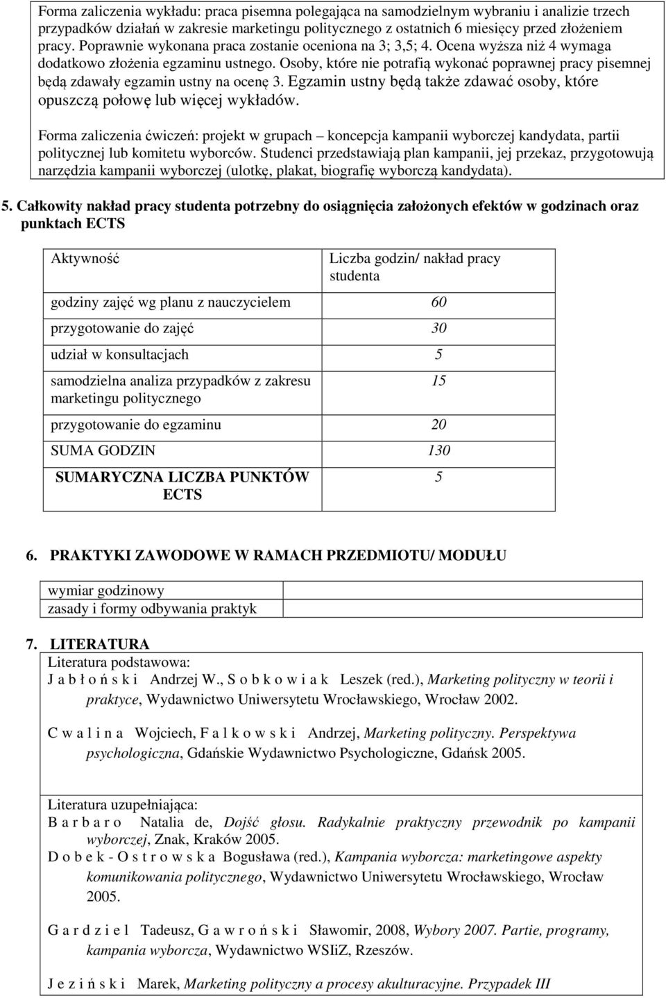 Osoby, które nie potrafią wykonać poprawnej pracy pisemnej będą zdawały egzamin ustny na ocenę 3. Egzamin ustny będą także zdawać osoby, które opuszczą połowę lub więcej wykładów.