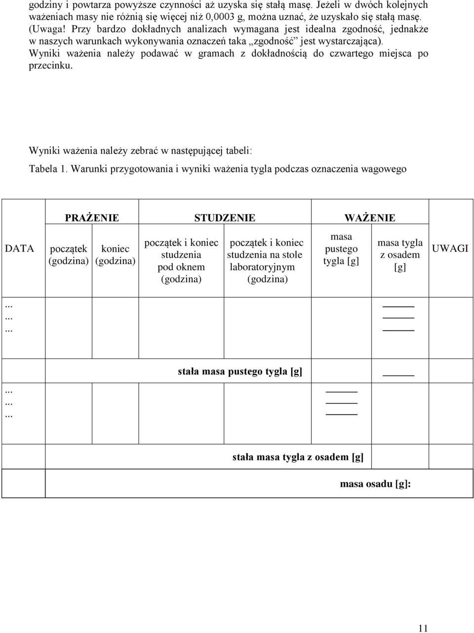 Wyniki ważenia należy podawać w gramach z dokładnością do czwartego miejsca po przecinku. Wyniki ważenia należy zebrać w następującej tabeli: Tabela 1.