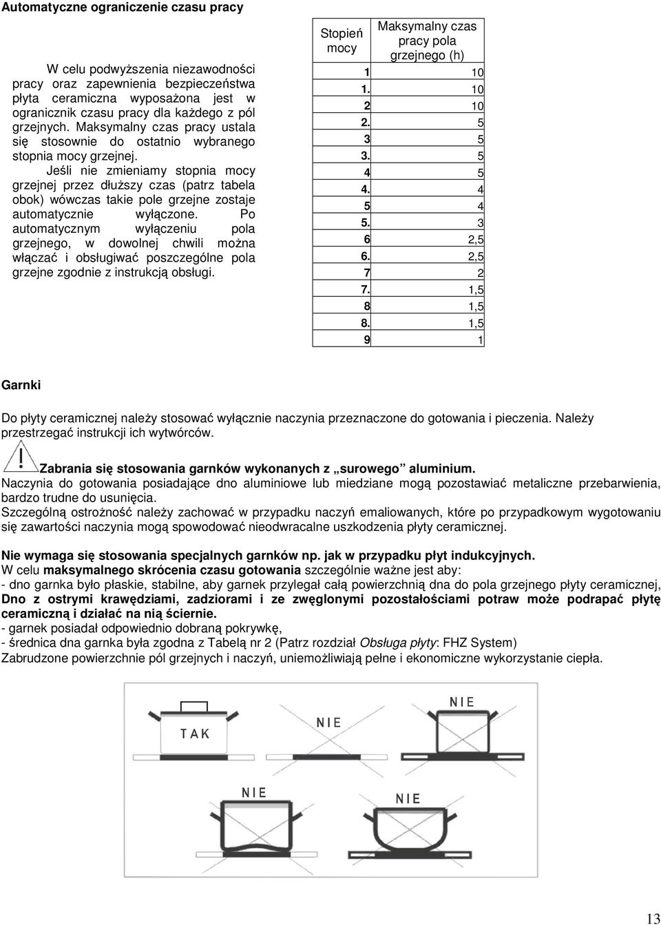 Jeśli nie zmieniamy stopnia mocy grzejnej przez dłuższy czas (patrz tabela obok) wówczas takie pole grzejne zostaje automatycznie wyłączone.