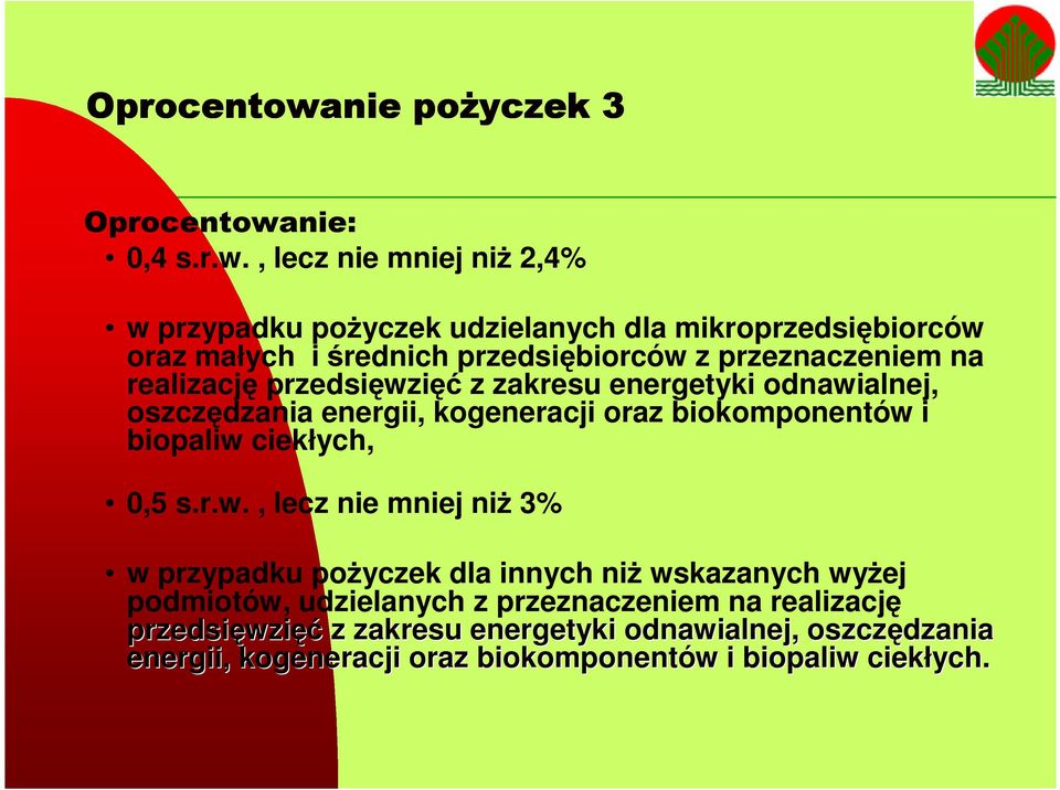 , lecz nie mniej niż 2,4% w przypadku pożyczek udzielanych dla mikroprzedsiębiorców oraz małych i średnich przedsiębiorców z przeznaczeniem na