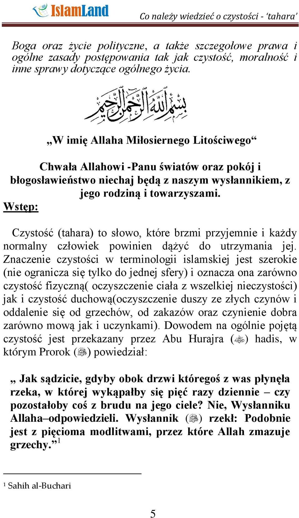 Wstęp: Czystość (tahara) to słowo, które brzmi przyjemnie i każdy normalny człowiek powinien dążyć do utrzymania jej.