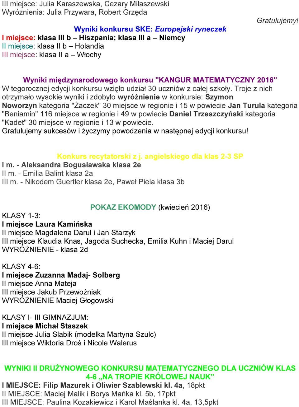 Troje z nich otrzymało wysokie wyniki i zdobyło wyróżnienie w konkursie: Szymon Noworzyn kategoria "Żaczek" 30 miejsce w regionie i 15 w powiecie Jan Turula kategoria "Beniamin" 116 miejsce w
