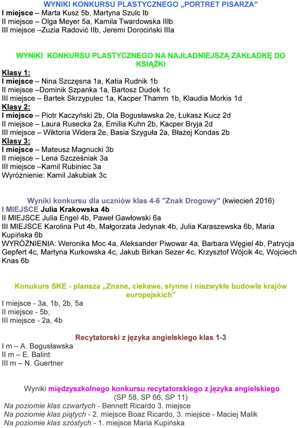Kacper Thamm 1b, Klaudia Morkis 1d Klasy 2: I miejsce Piotr Kaczyński 2b, Ola Bogusławska 2e, Łukasz Kucz 2d II miejsce Laura Rusecka 2a, Emilia Kuhn 2b, Kacper Bryja 2d III miejsce Wiktoria Widera