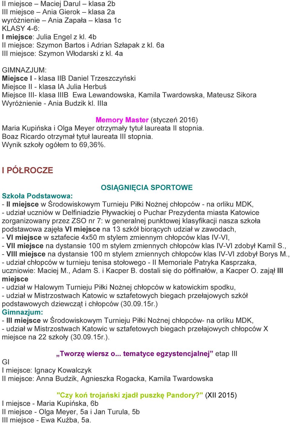 4a GIMNAZJUM: Miejsce I - klasa IIB Daniel Trzeszczyński Miejsce II - klasa IA Julia Herbuś Miejsce III- klasa IIIB Ewa Lewandowska, Kamila Twardowska, Mateusz Sikora Wyróżnienie - Ania Budzik kl.