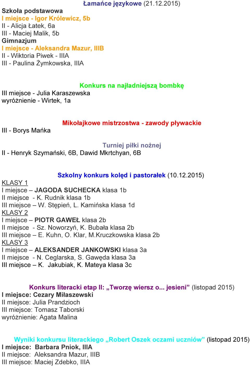 IIIA Konkurs na najładniejszą bombkę III miejsce - Julia Karaszewska wyróżnienie - Wirtek, 1a III - Borys Mańka Mikołajkowe mistrzostwa - zawody pływackie Turniej piłki nożnej II - Henryk Szymański,
