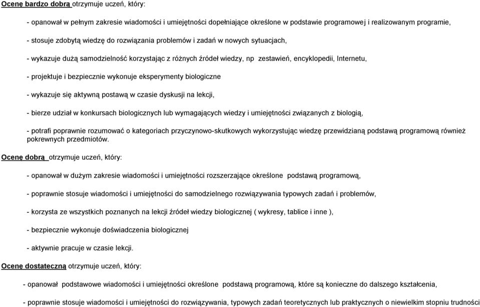 eksperymenty biologiczne - wykazuje się aktywną postawą w czasie dyskusji na lekcji, - bierze udział w konkursach biologicznych lub wymagających wiedzy i umiejętności związanych z biologią, - potrafi