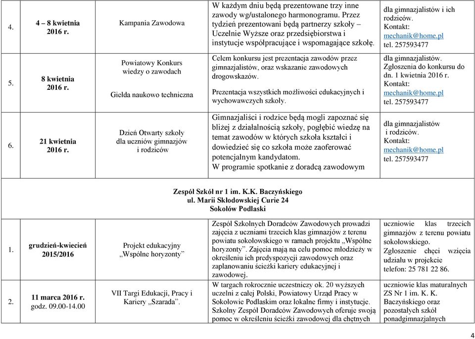 8 kwietnia Powiatowy Konkurs wiedzy o zawodach Giełda naukowo techniczna Celem konkursu jest prezentacja zawodów przez gimnazjalistów, oraz wskazanie zawodowych drogowskazów.